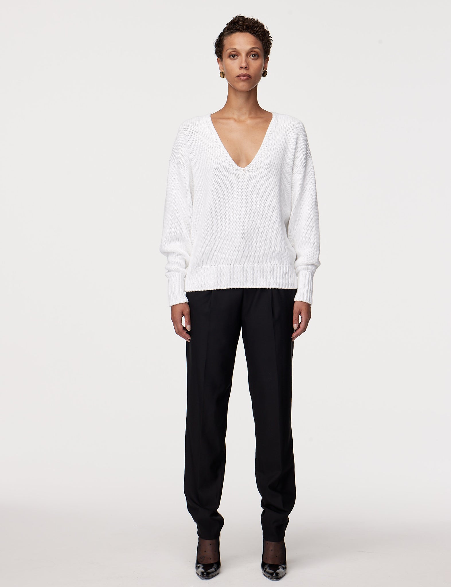 Another Tomorrow Draped Knit V-neck Sweater In White