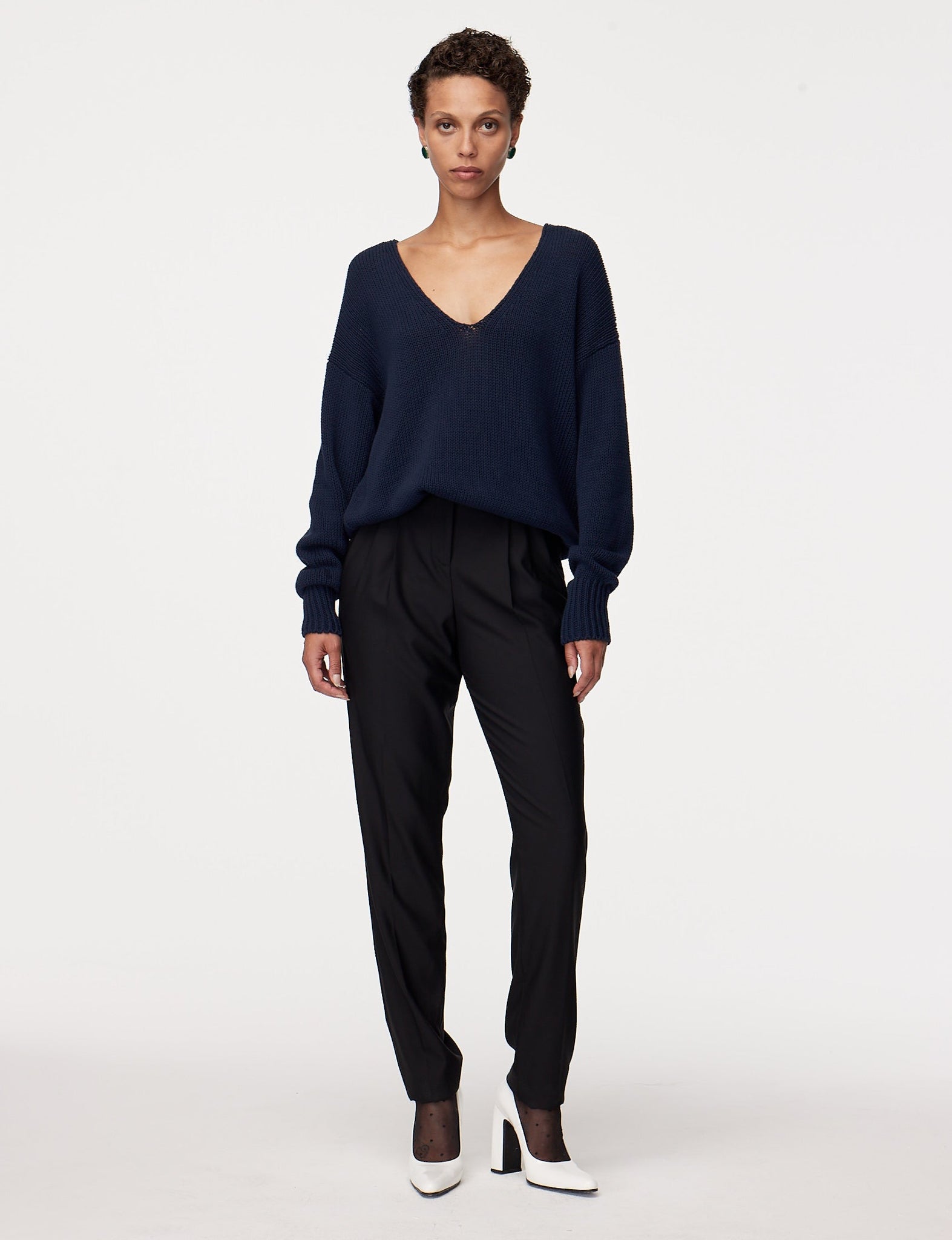 Shop Another Tomorrow Draped Knit V-neck Sweater In Navy