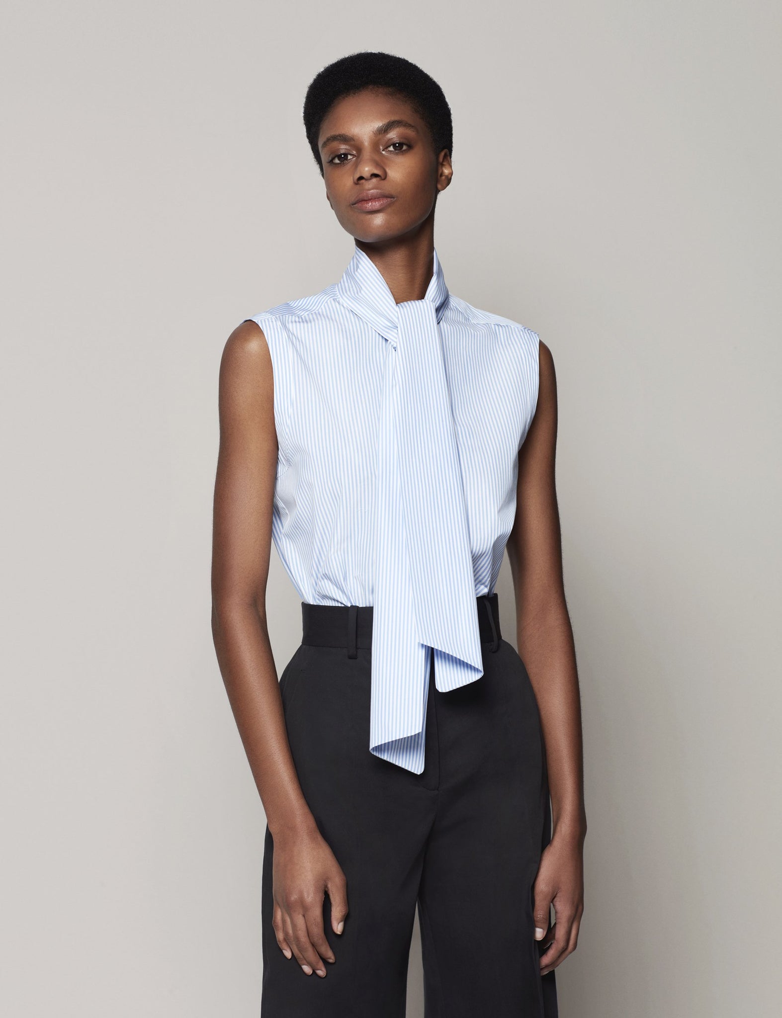 Another Tomorrow Sleeveless Tie Blouse In Blue Stripe