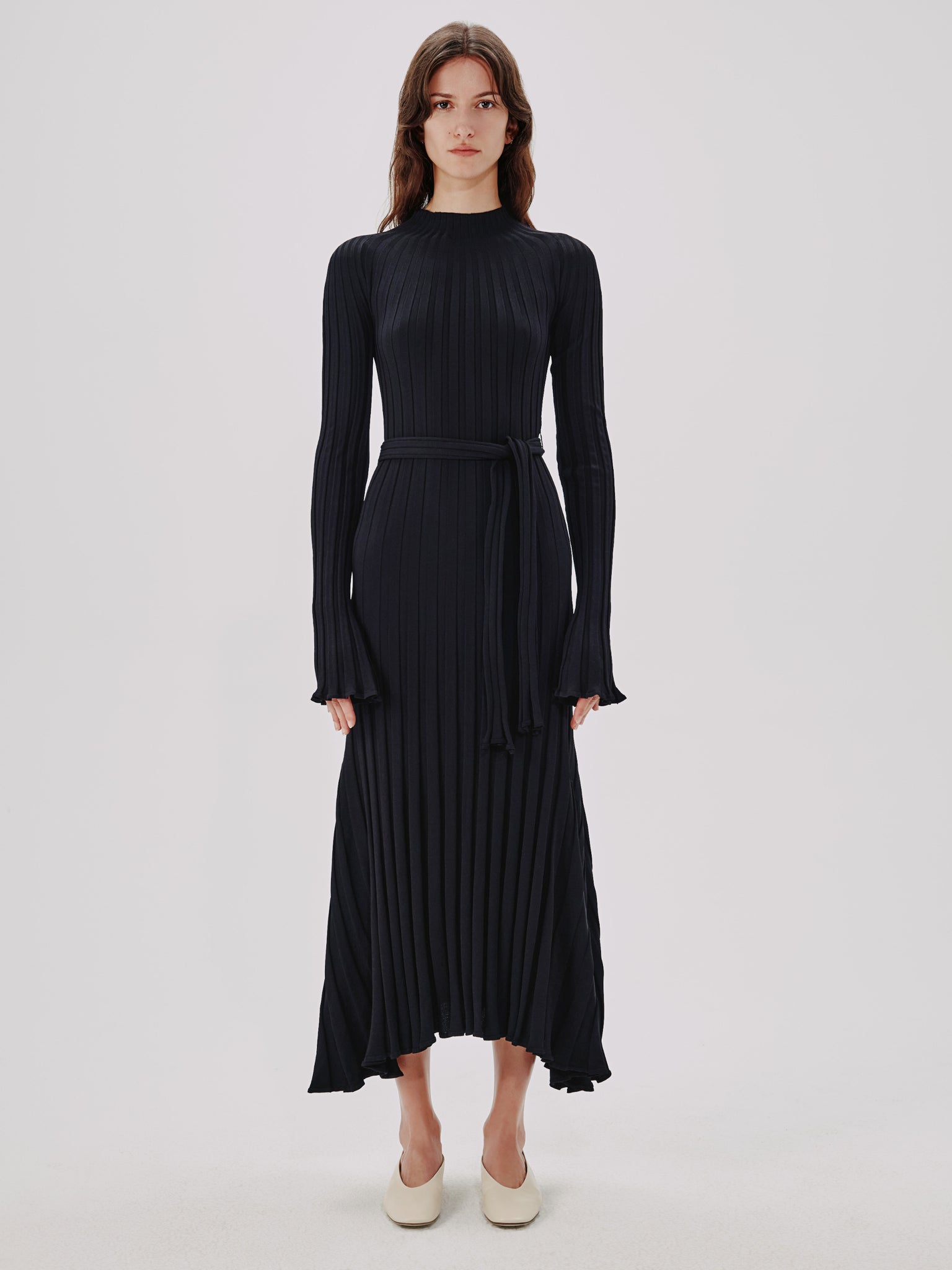 Another Tomorrow Long Sleeve Rib Flare Dress In Black