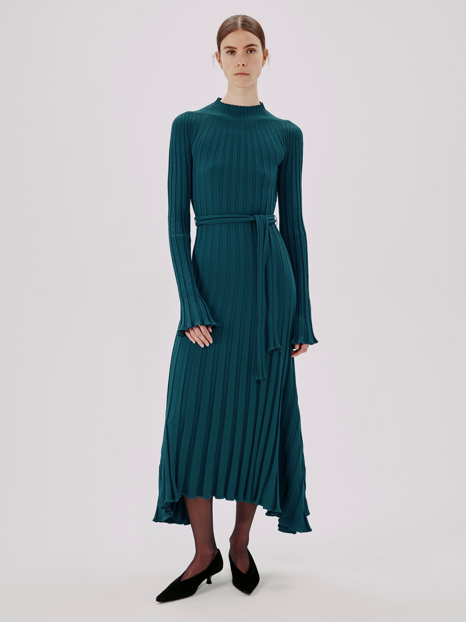 Another Tomorrow Long Sleeve Rib Flare Dress In Green