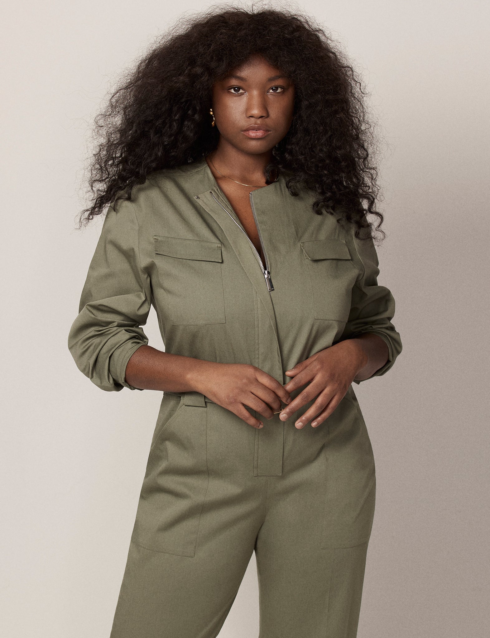 Another Tomorrow Collarless Jumpsuit In Olive Green