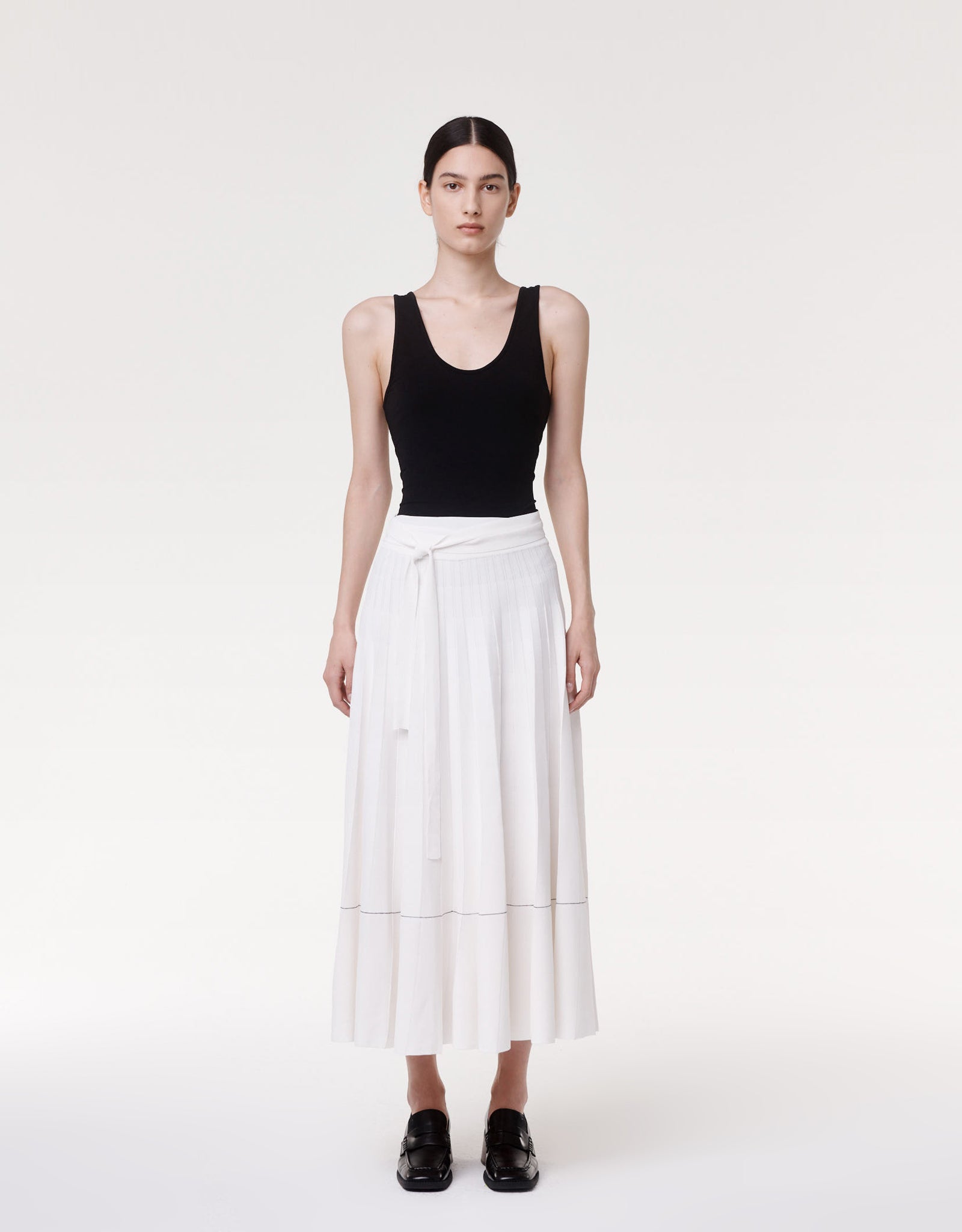 Another Tomorrow Belted Tiered Knitted Midi Skirt In White