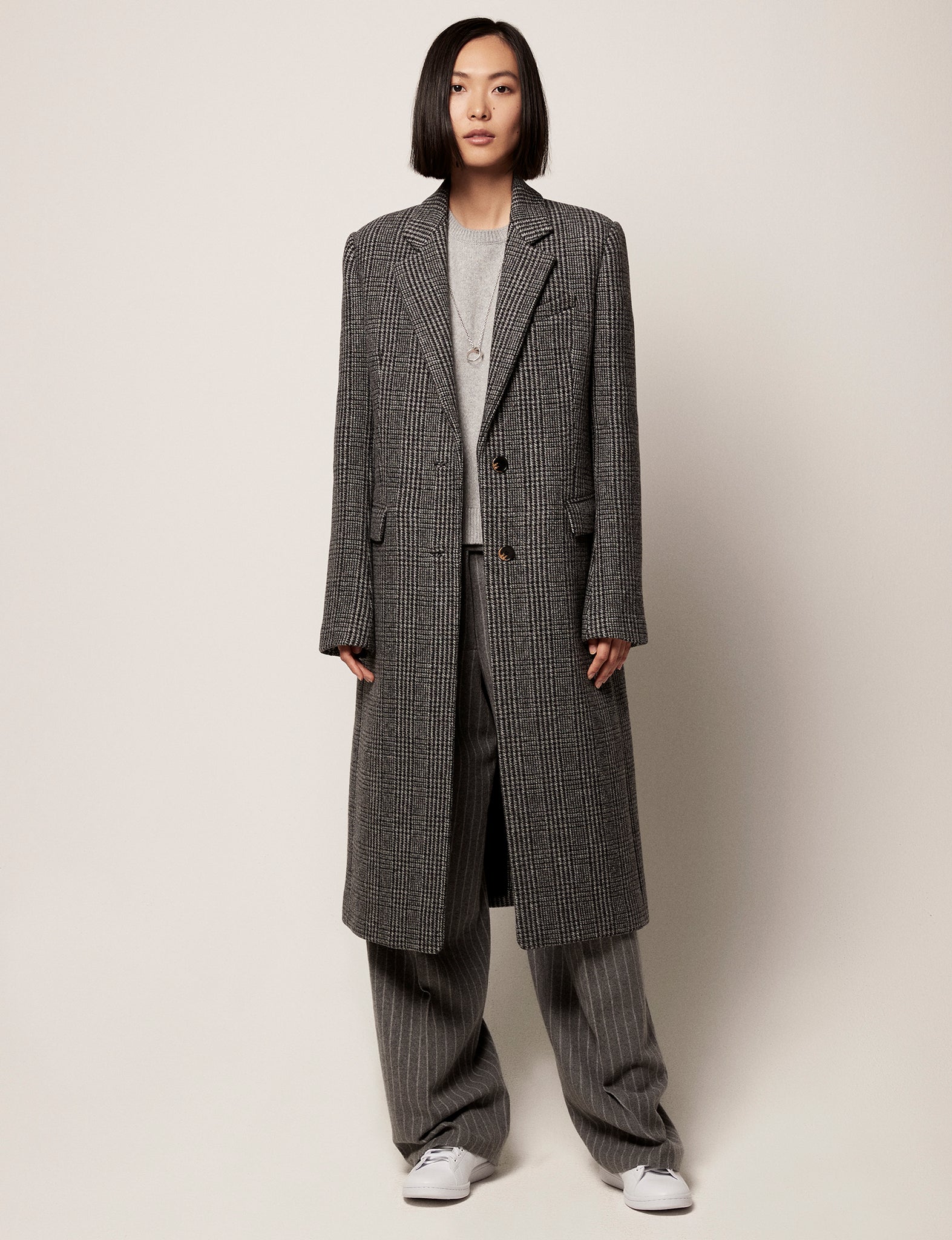 Another Tomorrow Prince Of Wales Check Wool-blend Coat In Black/grey