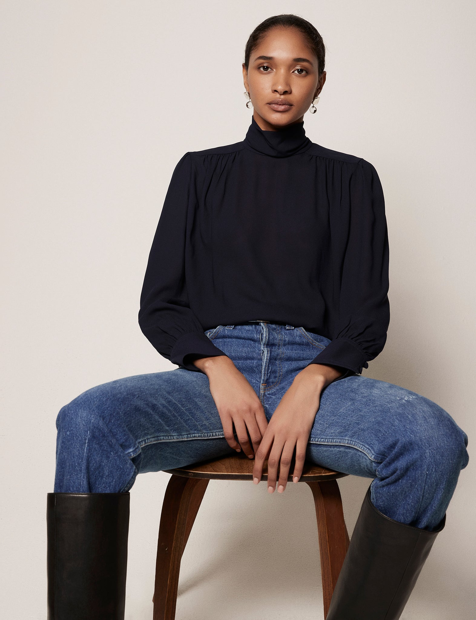 Another Tomorrow High Neck Blouse In Midnight